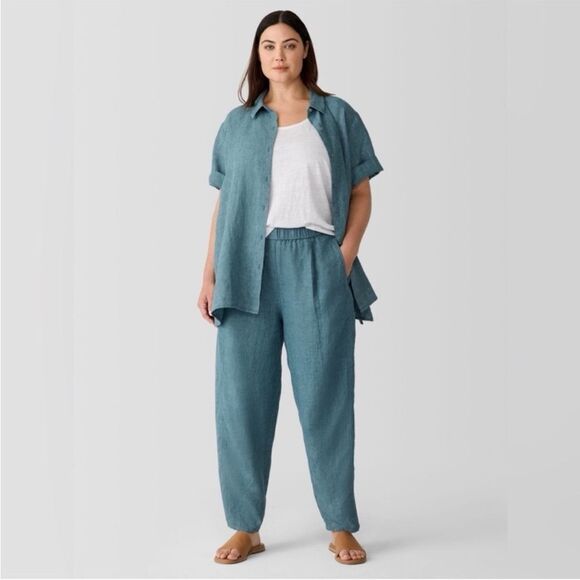 EILEEN FISHER Washed Organic Linen Délavé Lantern Pants in Nile Teal Aqua Sz 3X - Picture 1 of 14